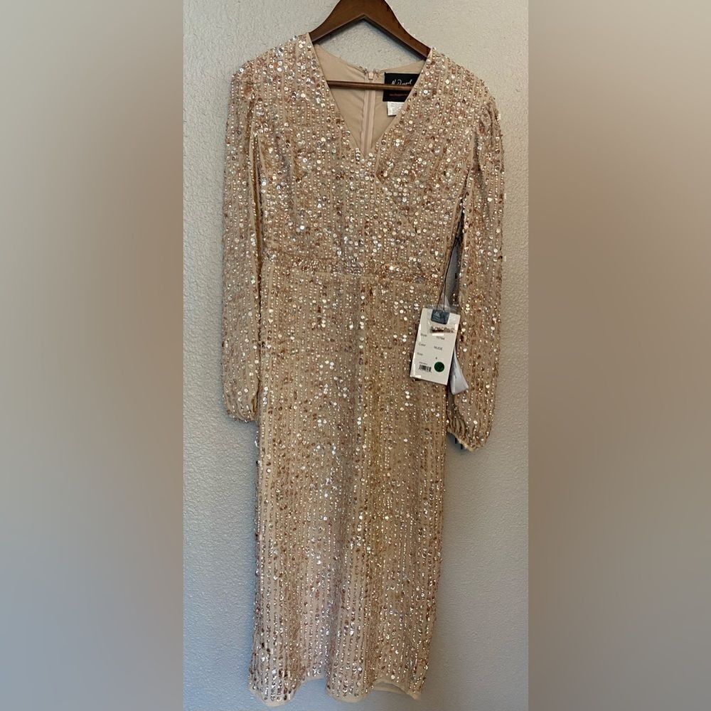 NWT Mac Duggal 10764 Sequin Long Sleeve Cocktail Midi Dress SZ 4 Nude - Picture 6 of 9